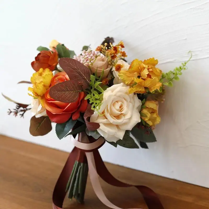 Düğün Çiçekleri Whitney Koleksiyonu 2023 Portakallı Roses Doğa Buket de Mariage ile Sonbahar Sarı Karışım