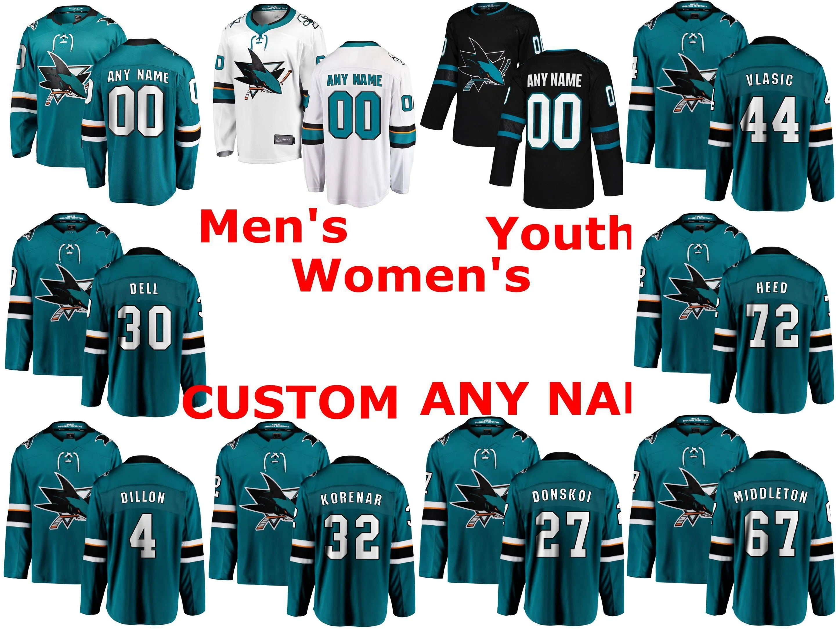 San Jose Sharks Jerseys Marc-Edouard Vlasic Jersey Aaron Dell Martin Jones Josef Korenar Teal White Ice Hockey Jerseys Custom Stitched