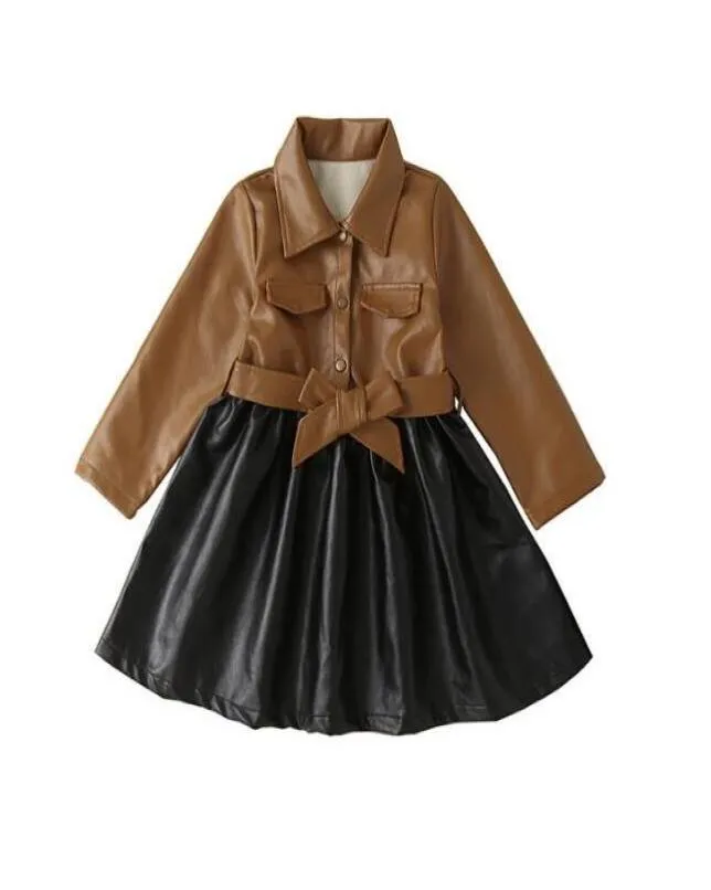 Good Quality Fall Winter Baby Girls Leather Jacket Dresses Fashion Kids Stitching PU Dress Children Coats Skirts 27 Years3358341