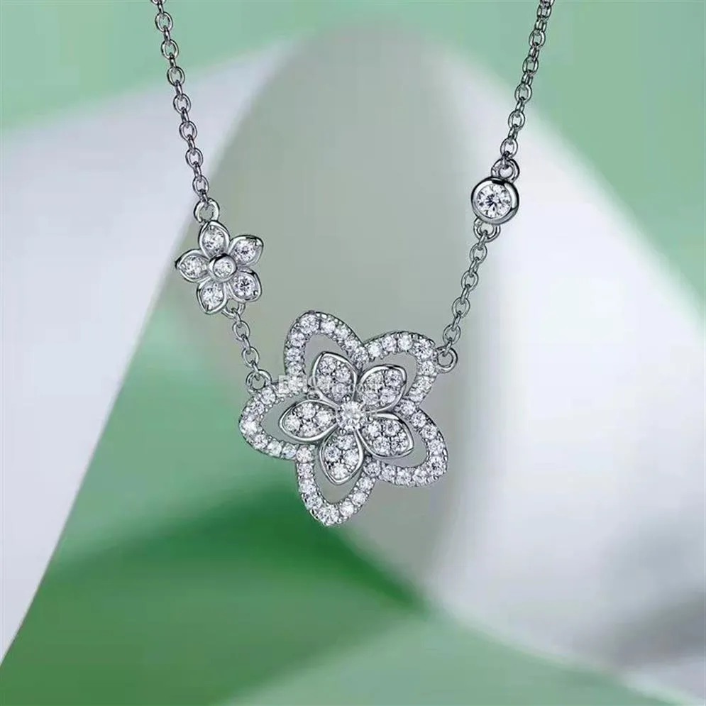 Designer Jewelry Double Flower Pendant Silver Necklace Diamond Women Collar Chain gift260S