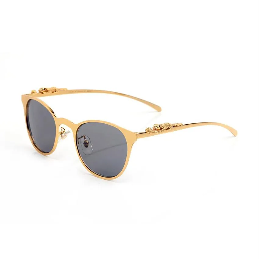 Designer Sonnenbrille Frauen Metall Leopard Head Logo Golden Silber Rahmen Modern Mode Retro Cat Eye Luxusbrillen Brown Blac202z