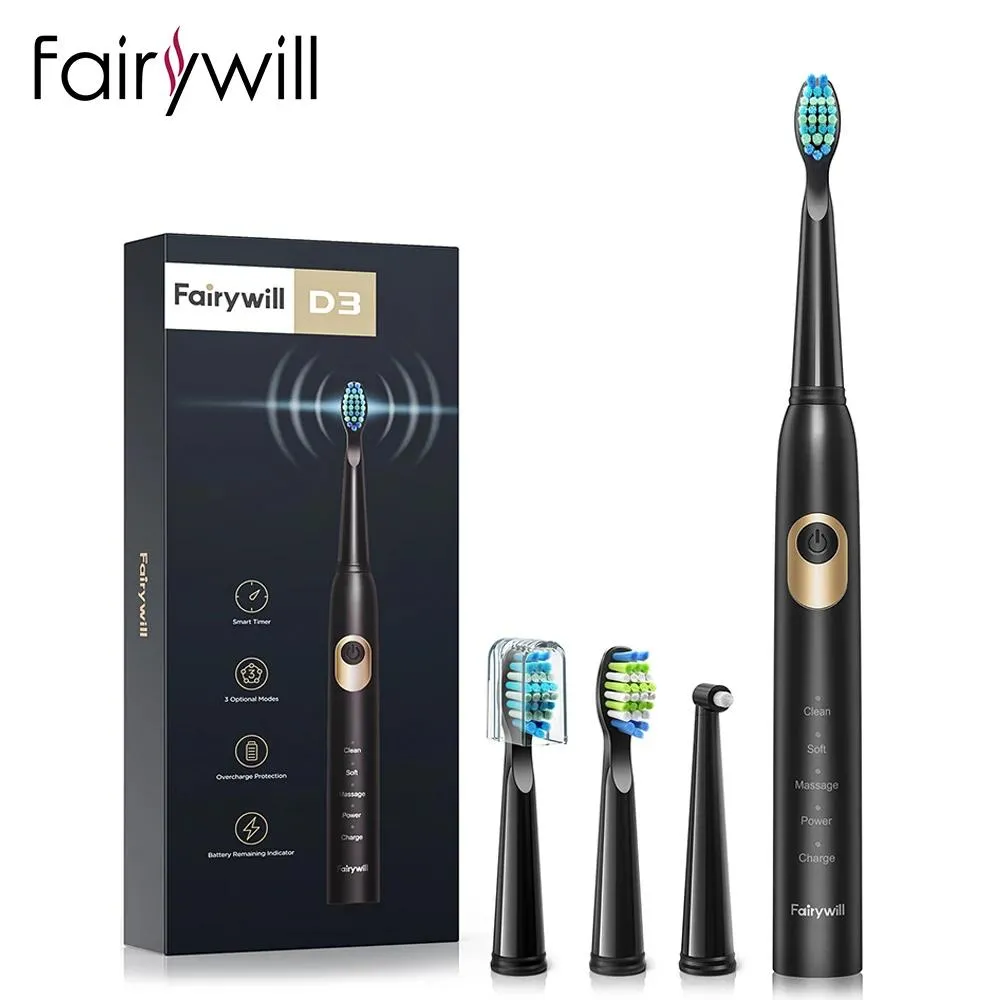 Toothbrush Fairywill Electric Toothbrush Sonic D3 Usb Charge Toothbrushes Waterproof Low Battery Indicator 3+1brushes Replacement Heads