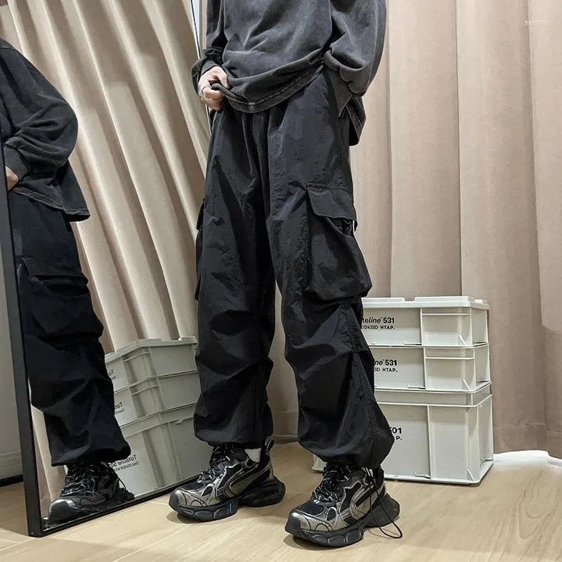 Herrbyxor svart last män joggar hip hop techwear hippie byxor för streetwear fickor överdimensionerade