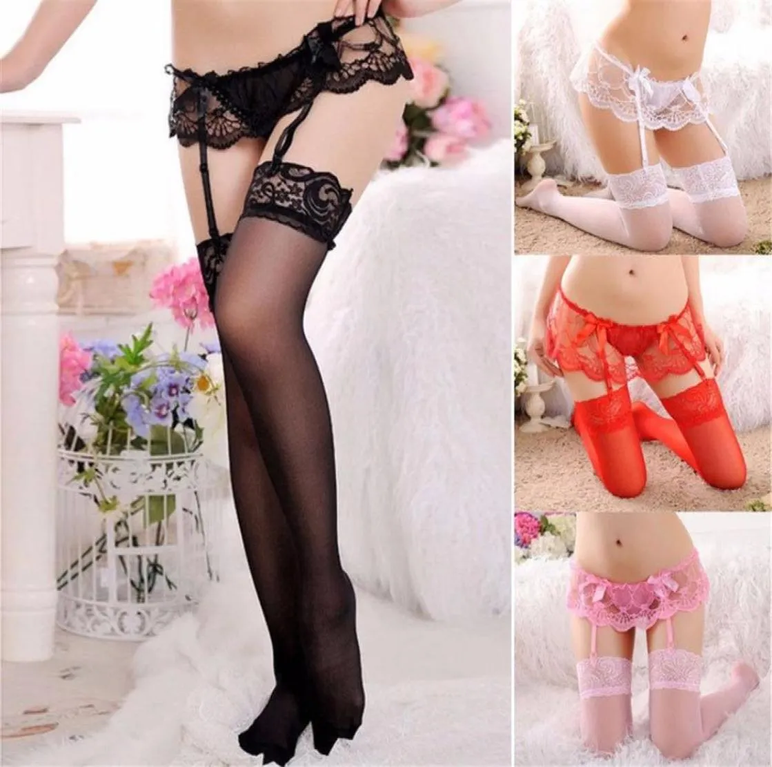 New Sexy Womens Sheer Lace Top ThighHighs Stockings Garter Belt Suspender Underwear Set BlackWhiteRed8290965