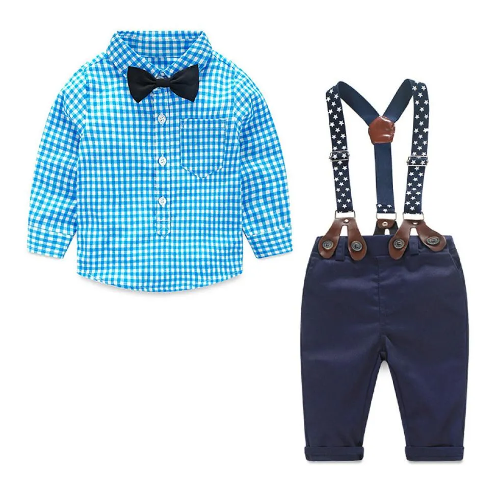 Vêtements de créateurs pour enfants 2018Entleman Suit Plaid Shirt Bow Tie Suspende Pantalon 2pcs Costumes Automne Spring NOUVERNEUR BÉBÉ BÉBO