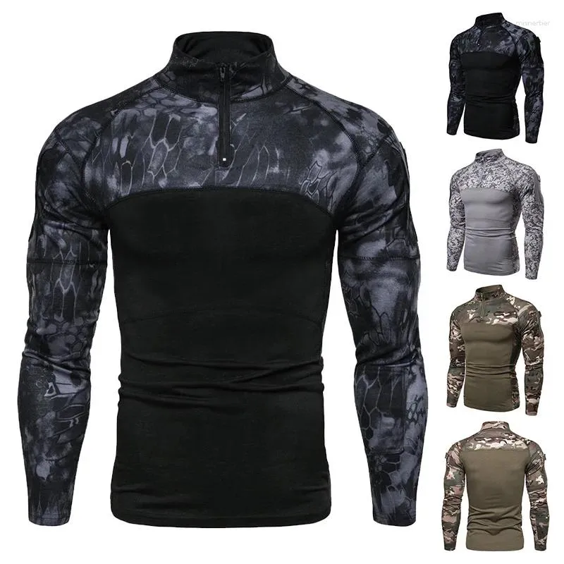 Chemises décontractées pour hommes 2023 à manches longues à manches longues à manches longues à manches élastiques camouflage Polo Stand Up Collar Cotton Autumn Youth T-shirt