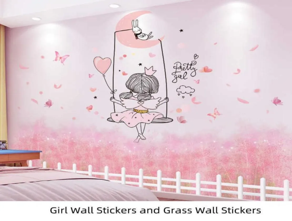 shijuekongjian Cartoon Girl Wall Stickers DIY Chaotic Grass Plants Mural Decals for Kids Rooms Baby Bedroom House Decoration 2104685036