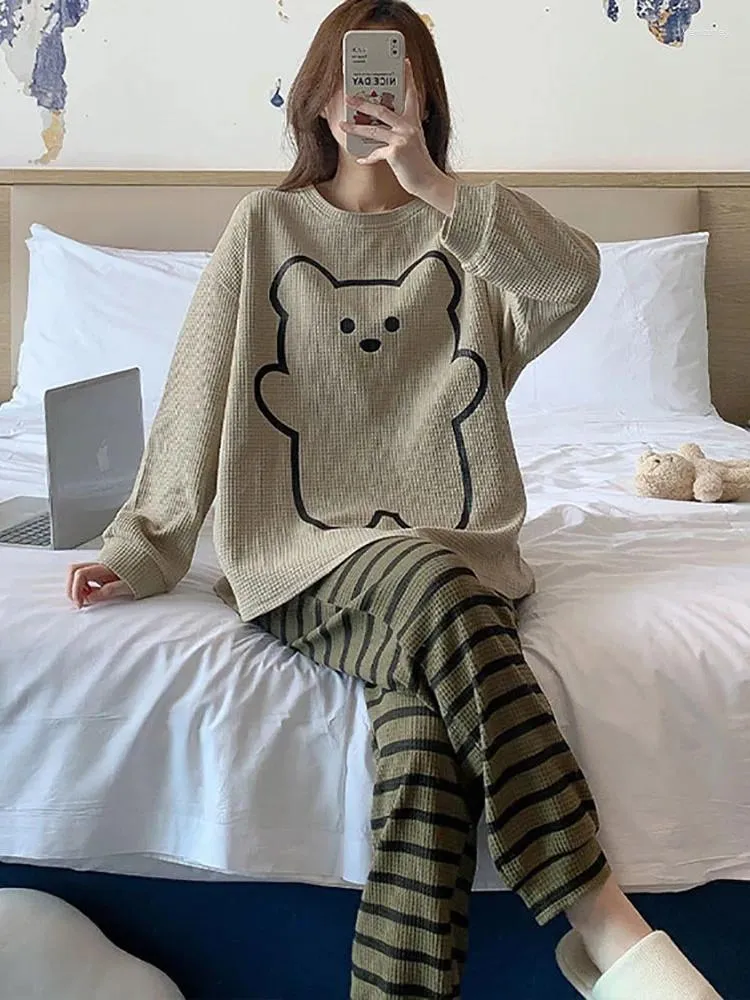 Women's Sleepwear Round Neck Long-Sleeved Print Pullover Top Striped Pants Bear 2Pcs Spring Fall Oversized Ladies Home Wear