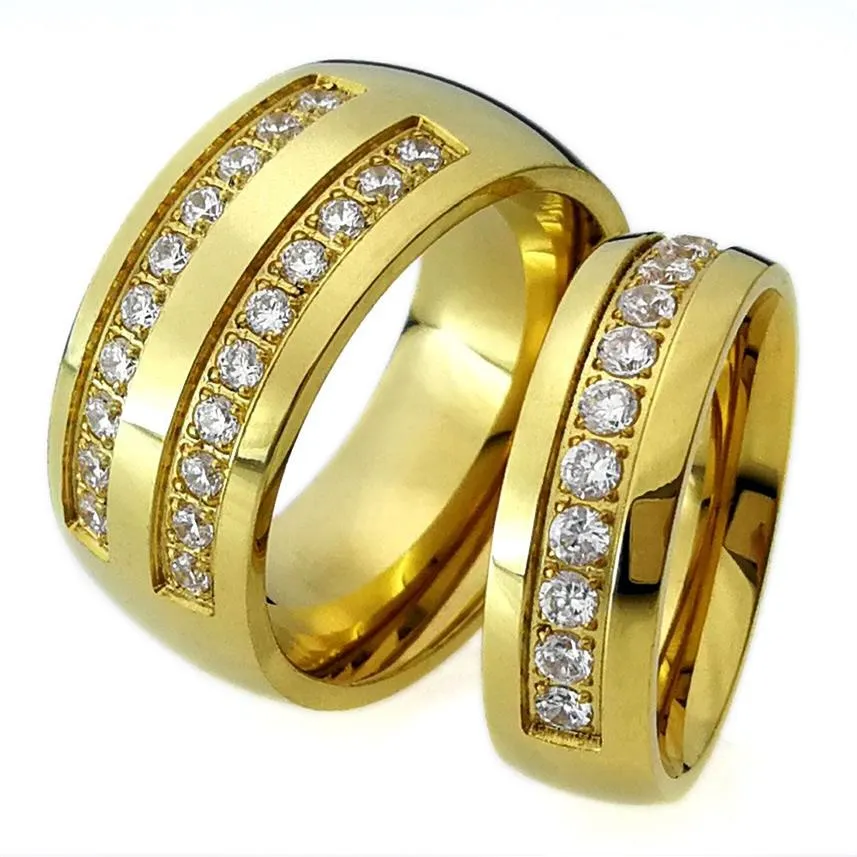 Su conjunto de banda de anillo de compromiso de boda de acero inoxidable en su tono de oro R276 Men tamaño 10-15; tamaño de las mujeres 6-9296c