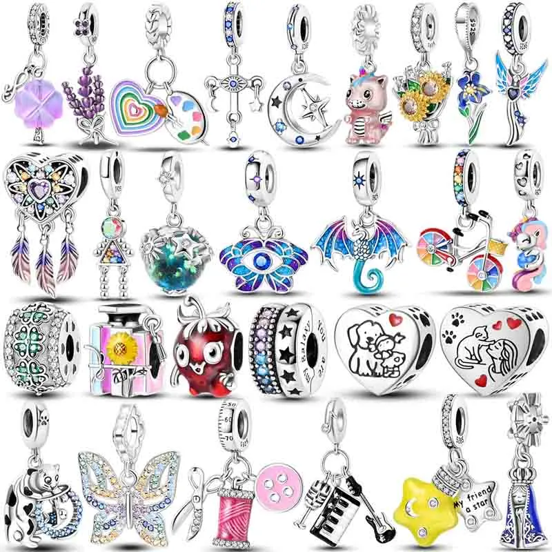 Charms coloridos de zircônio Biço 925 Sterling Silver Dragon Butterfly Dangle Fit Pando Bracelet Colar Jewelry Marcking