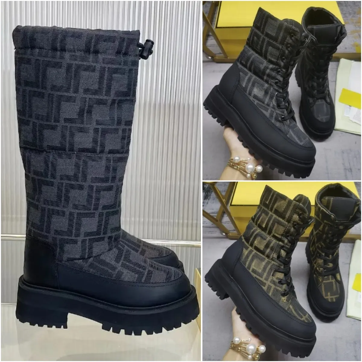 Signature Boots fashion leather Bike boot with fabric Combat boots designer Women quilted jacquard fabric inserts Non-slip rubber sole Made leath Size 35-41