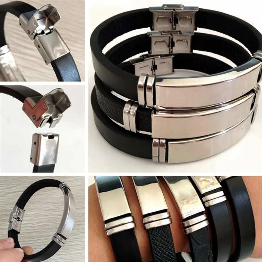 New 12pcs lot High Quality Black Leather With Stainless Steel Bracelet Mens Classic Sport Wristbands Man Boy Bangle Great Gift Par290S