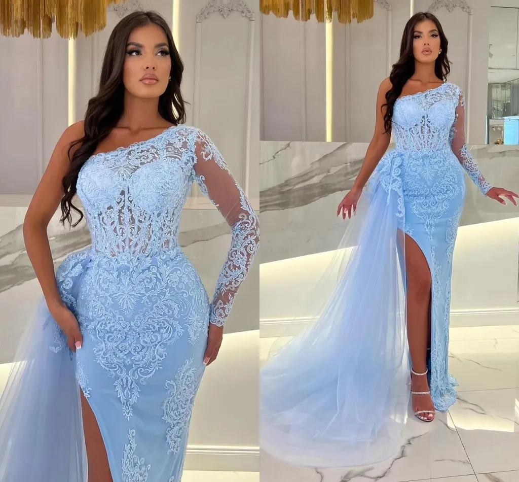 Sky Blue Mermaid Prom Kleid 2024 One Schulterspitzen Applikationen Split Long Evening formelle Partykleider Promi -Stil Sexy Vestido de Gala Robe de Soiree