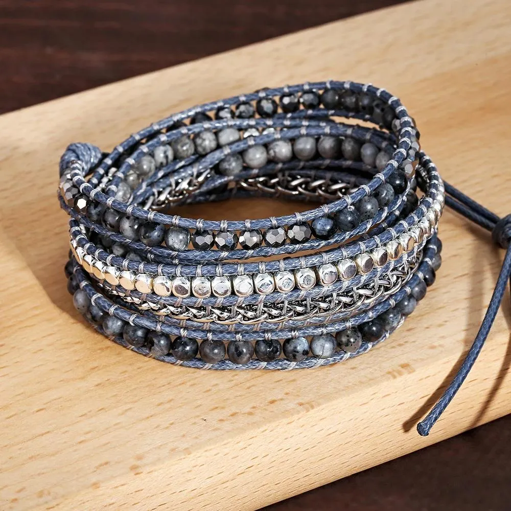 Bangle Natural Labradorite Bead 5 Wraps Bracelet Handmade Grey Wax