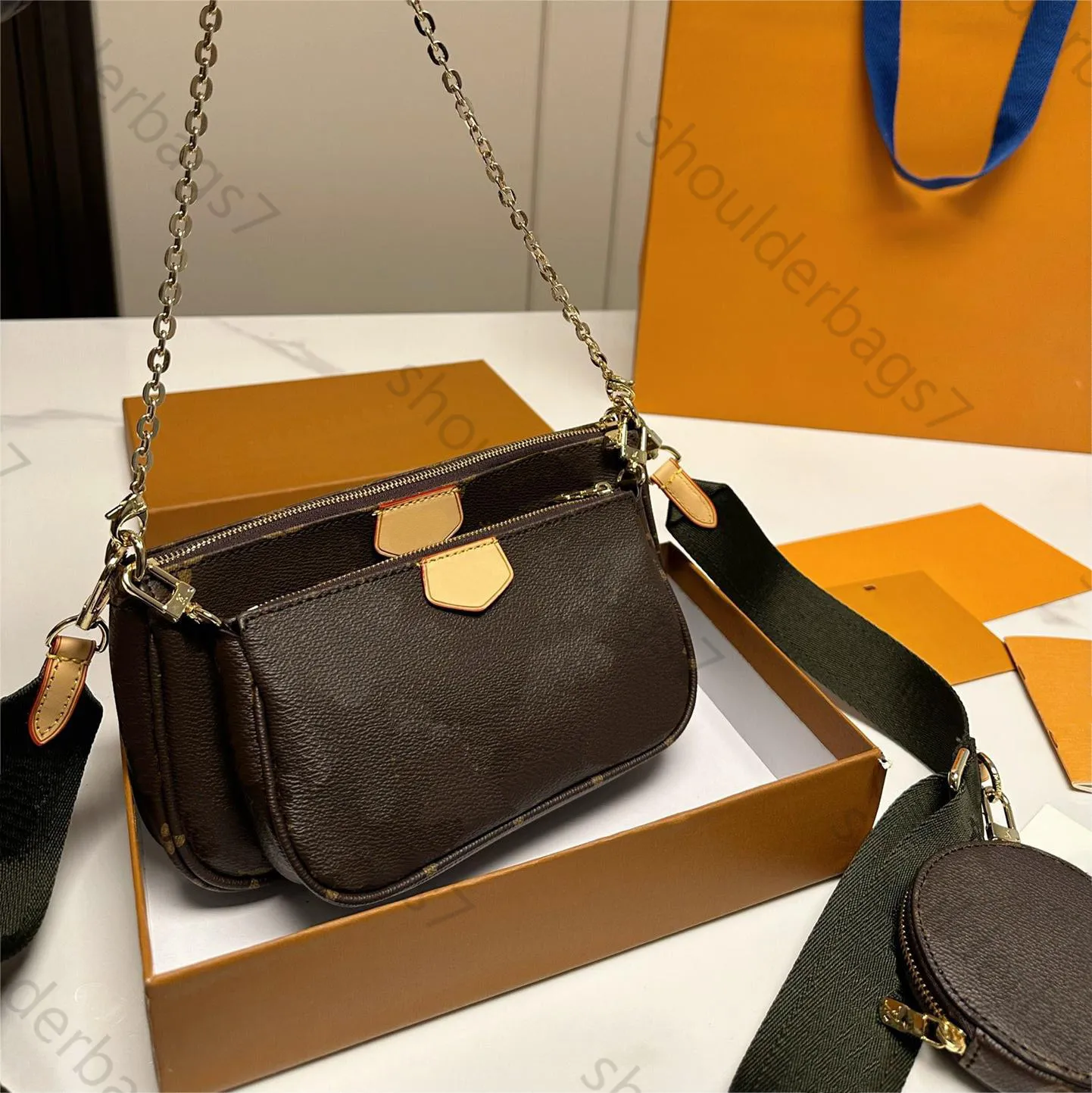 3in1 women designer bag accessories shoulder crossbody bags chain luxurys handbags flowers leather brand handbag with mini wallet small card holder with box