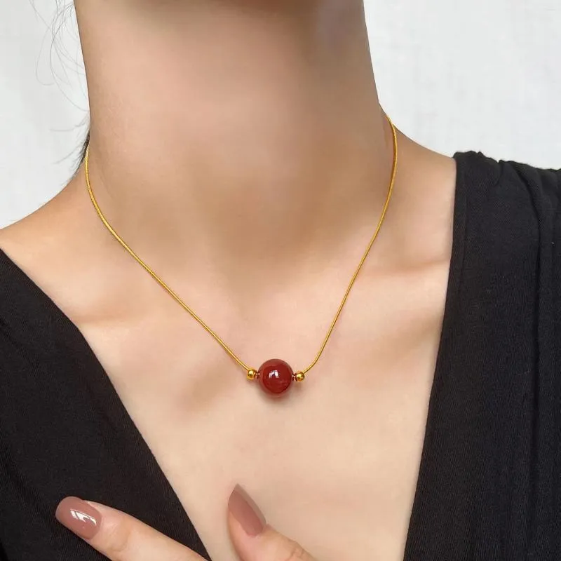 Pendant Necklaces Fashion Classic Red Agate Stone Beads Stainless Steel Retro Gold Color Thin Chain Necklace For Lover Couples Gift Jewelry