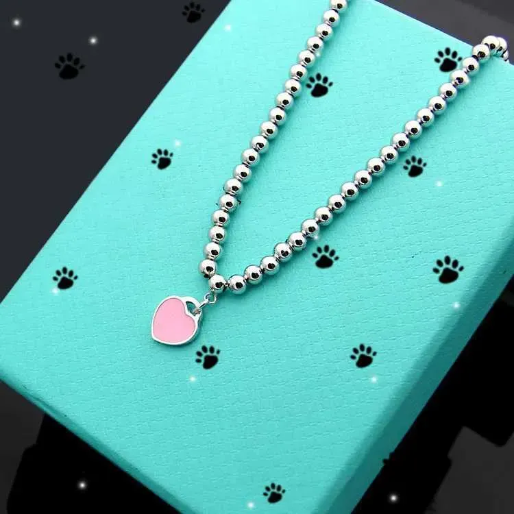 Womens Single Heart Round Bead Chain Necklace Designer Jewelry Blue/pink/red with Drip Oil Complete Brand As Wedding Christmas GiftOL5F OL5F