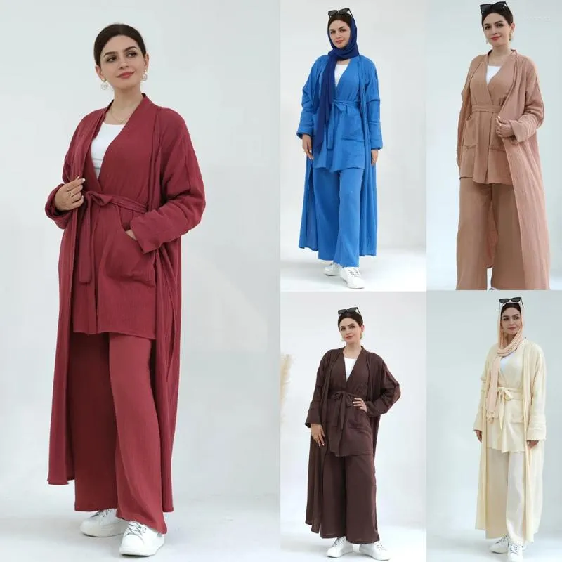 Vêtements ethniques 3 pièces Abaya Set Cotton manches longues Open Kimono Tops Pants Ramadan Eid Islam Femme musulmane décontractée