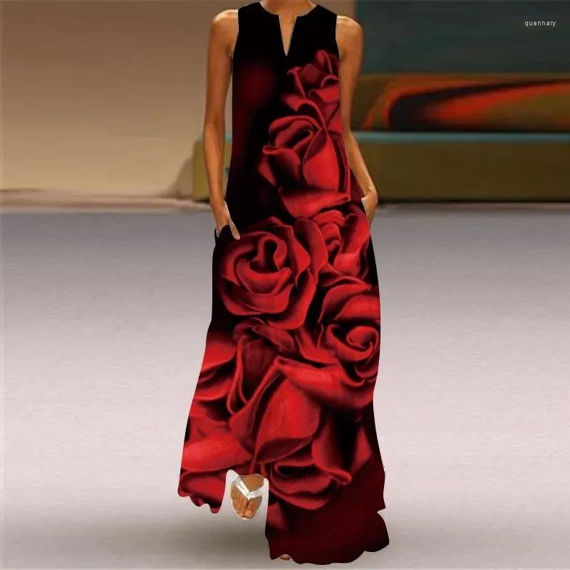 Casual Dresses Women Romantic Red Rose Print Pattern V-Neck Pocket Long Sleeveless Tank Dress