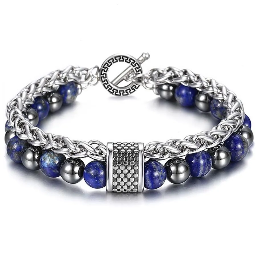 8MM Double Layers Stone Beaded Bracelet for Men Boys Lapis Lazuli Hemitate Metal Lava Stone Stainless Steel Cable Chain TBX00109 Y3130