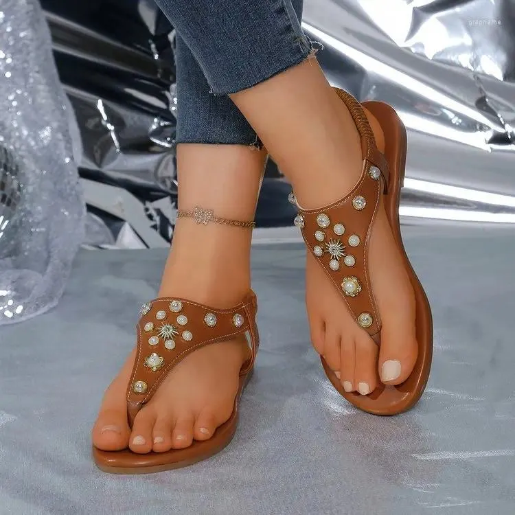 Slippers Pearl Water Diamond Herringbone Spring/summer 2024 Women's Sandals Flat Bottomed Elastic Band Beach