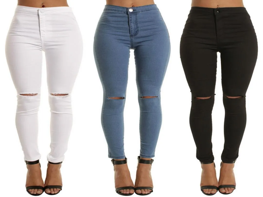 High Waist Casual Skinny Jeans For Women Hole Girls Slim Knee Ripped Denim Pencil Pants Elasticity Black Blue Trousers4866750