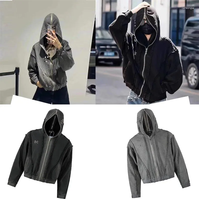 Erkek Hoodies Klasik Moda 23S Ağır Yıkalı Hasarlı Fermuar El Yapımı Sonbahar/Kış Kapüşonlu Kazak Vintage Çöp Zamanında