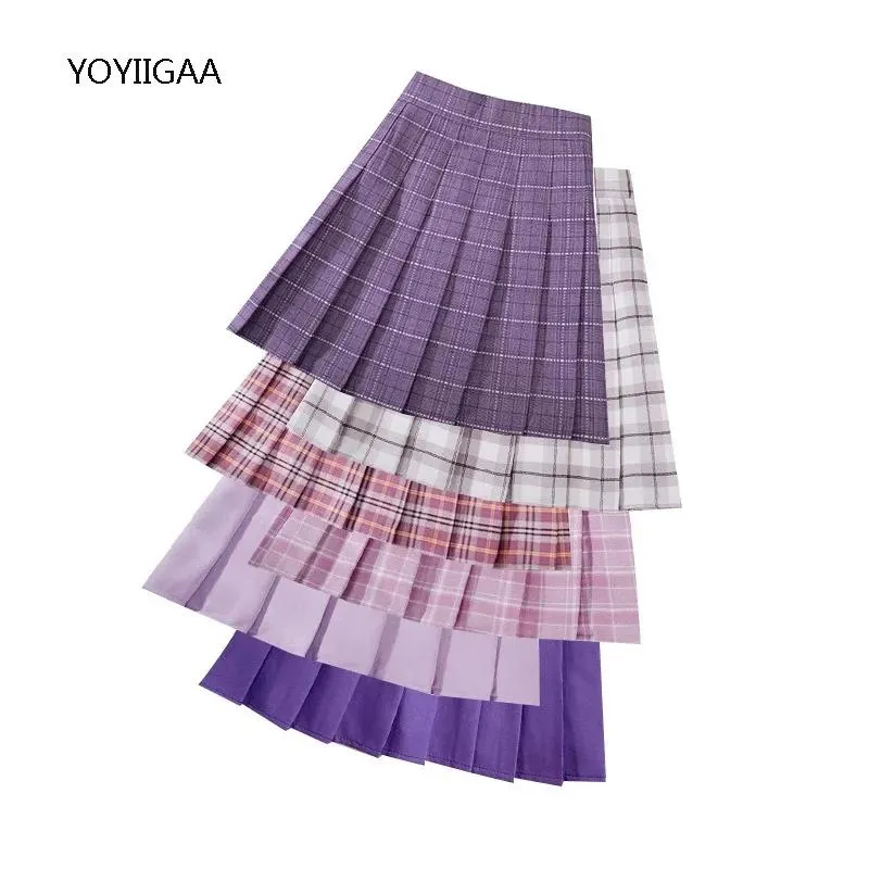 Jurken Purple Plaid Women Skirts Hoge taille Aline Vrouw geplooide rok Schattige Kawaii Ladies Girls Dance Rok Zomer Vrouwelijke mini -rokken