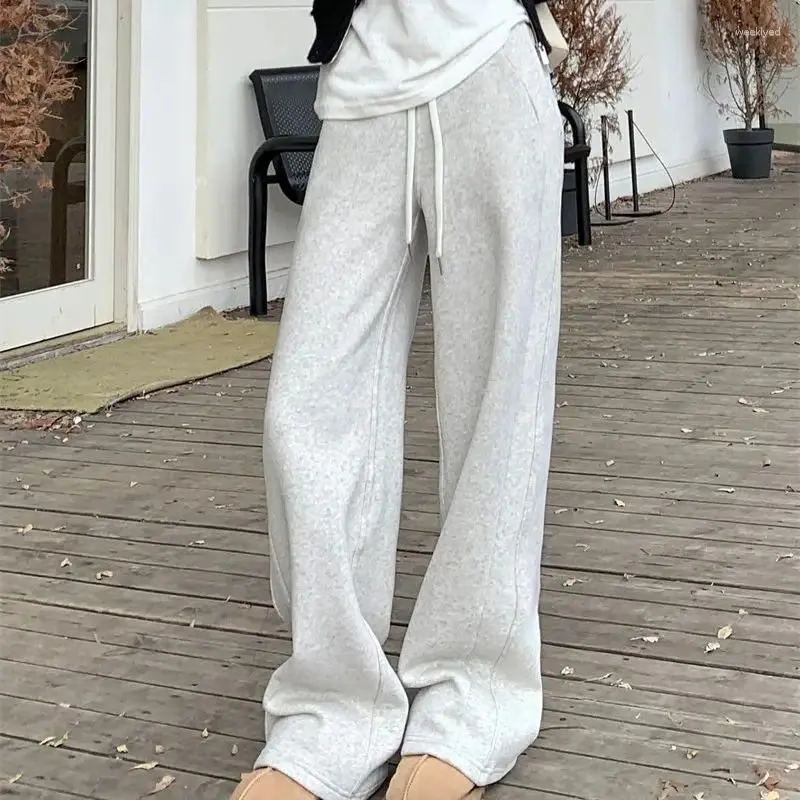 Calça feminina H.SA cinza grossa casual calça de moletom de inverno Mulheres com cintura alta Tubo reto Desenho de perna largo