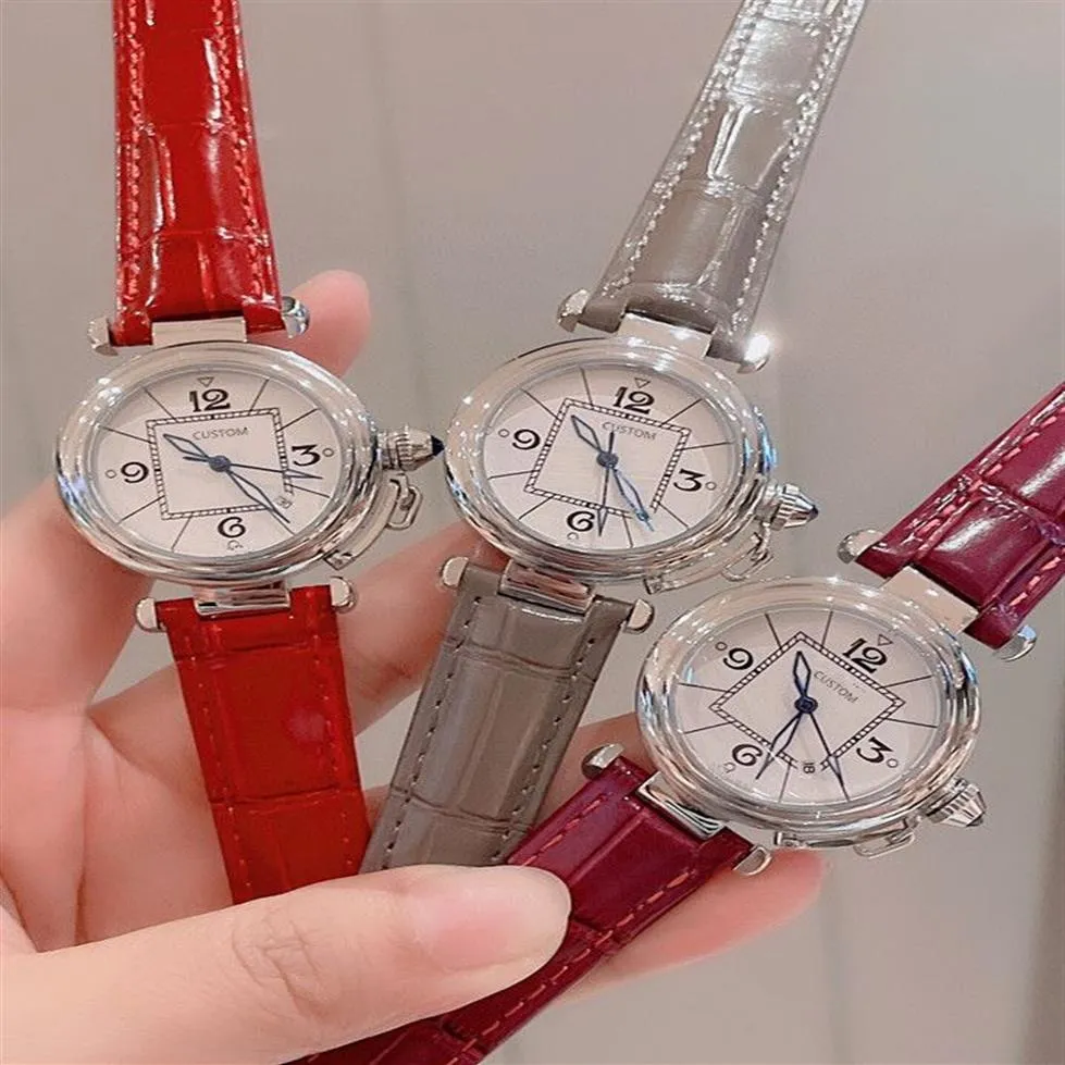 Neue Modemarke Frauen Quarz Uhr Pasha Design quadratisches Rund Zifferblatt Pink White Purple Echtes Leder Armbanduhr Kalender Clock249u