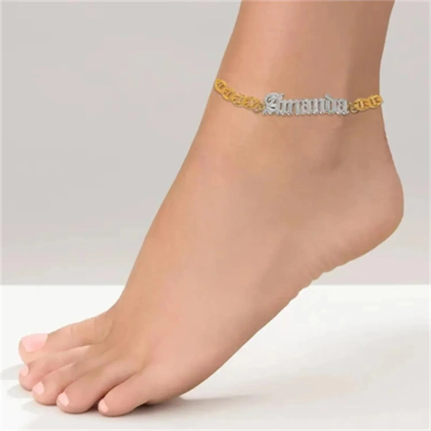 Clips Personalized Two Tone Name Anklet Custom Old English Font Letter Gold Plated Anklet Double Layer Nameplate Pendant Jewelry Gifts