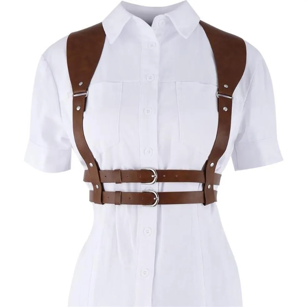 Bälten 2022 Fashion Punk Brown Leather Harness Belt Strap Girdle Sexiga kvinnor handgjorda dekorativa skjorta klänningar Vest217c