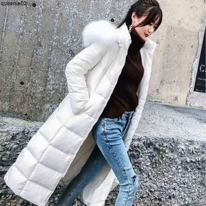 Down Parkas Down Parkas för kvinnors vinter bär ny vit stor päls krage koreansk förtjockad och utökad knälängdjacka