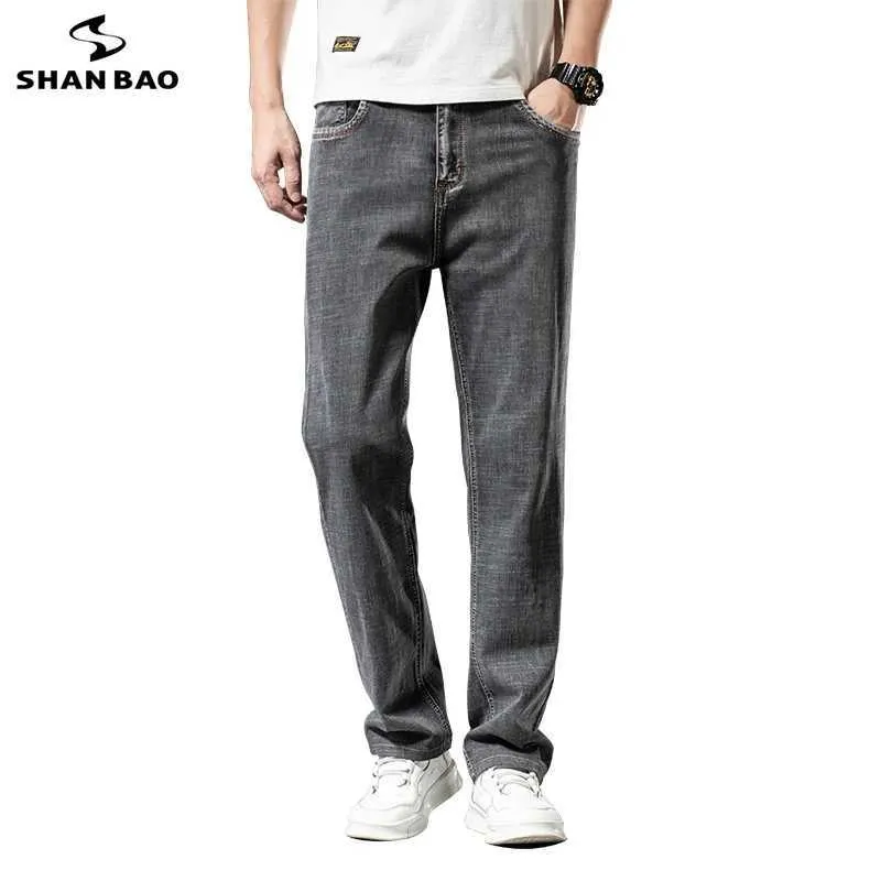 Mäns jeans shan bao vår sommarmärke mäns raka lätta lätta bomullssträng jeans enkla mode tunna byxor casual byxor j231222