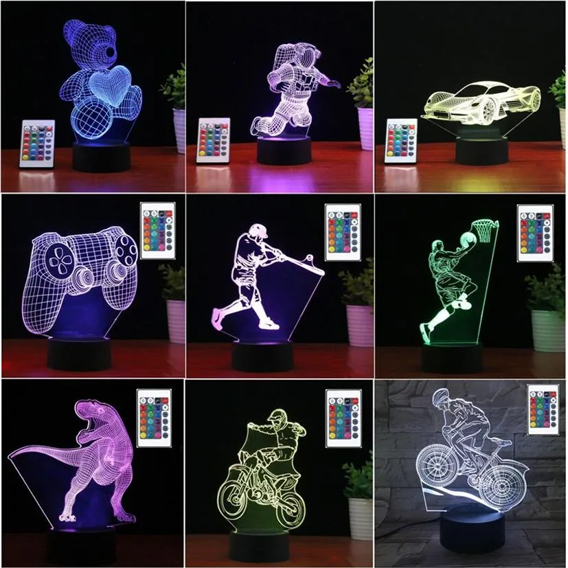 3D LED -lampor Fjärrkontroll 16 Färgbyte Touch Night Light Acrylic Plates Multi Shape Optical Illusion Bas Lamp Atmosphere 209i