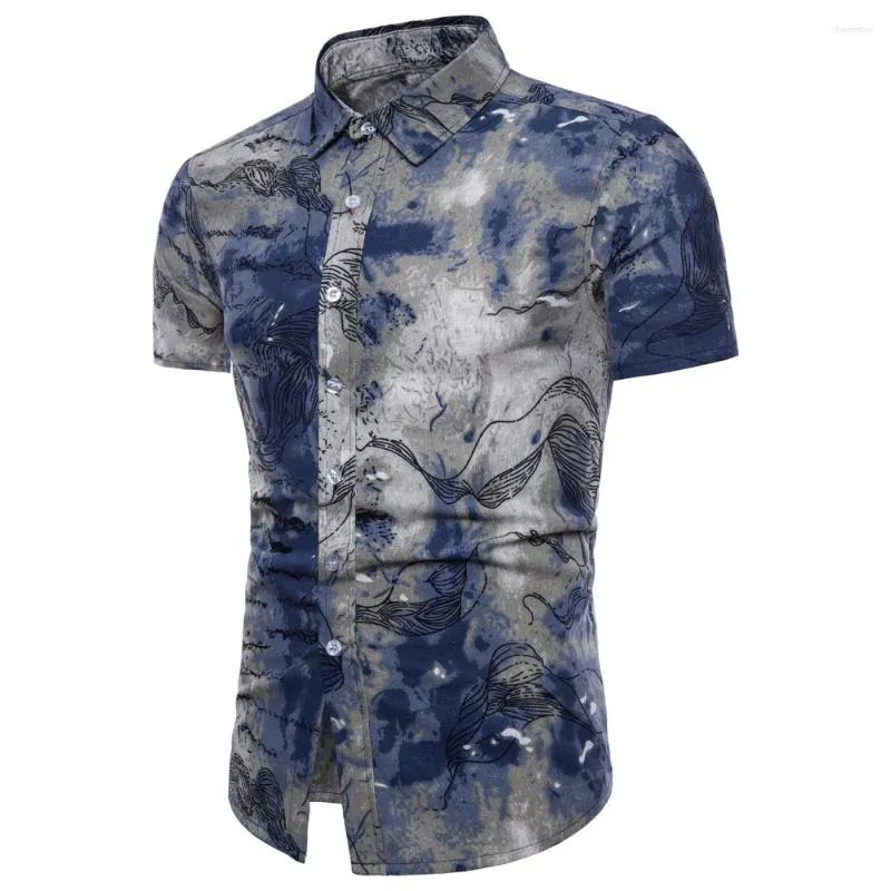 メンズカジュアルシャツの男性タイダイの葉のプリント半袖シャツラペルネックシングルブレストチュニックボヘミアンスリムフィットサマーレジャーデイリーウェア