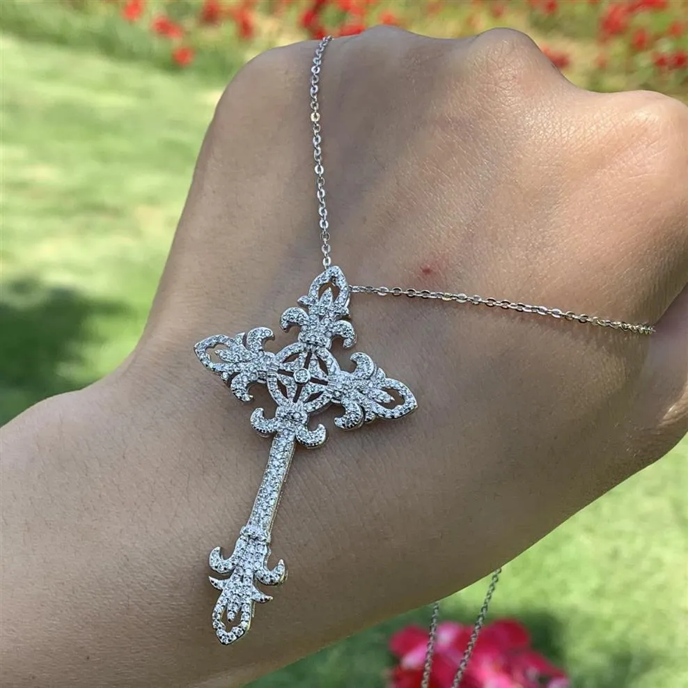 Bütün profesyonel lüks mücevher anahtar çapraz kolye gerçek 925 STERLING Gümüş Pave Beyaz Sapphire CZ Diamond Kadınlar Düğün Neck190a