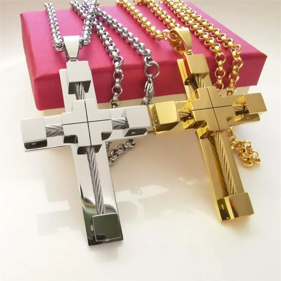 Cross ketting voor mannen 316l roestvrij staal Jezus Christus hanglang wit goud rolo ketting sieraden 4 mm 24 inch294G