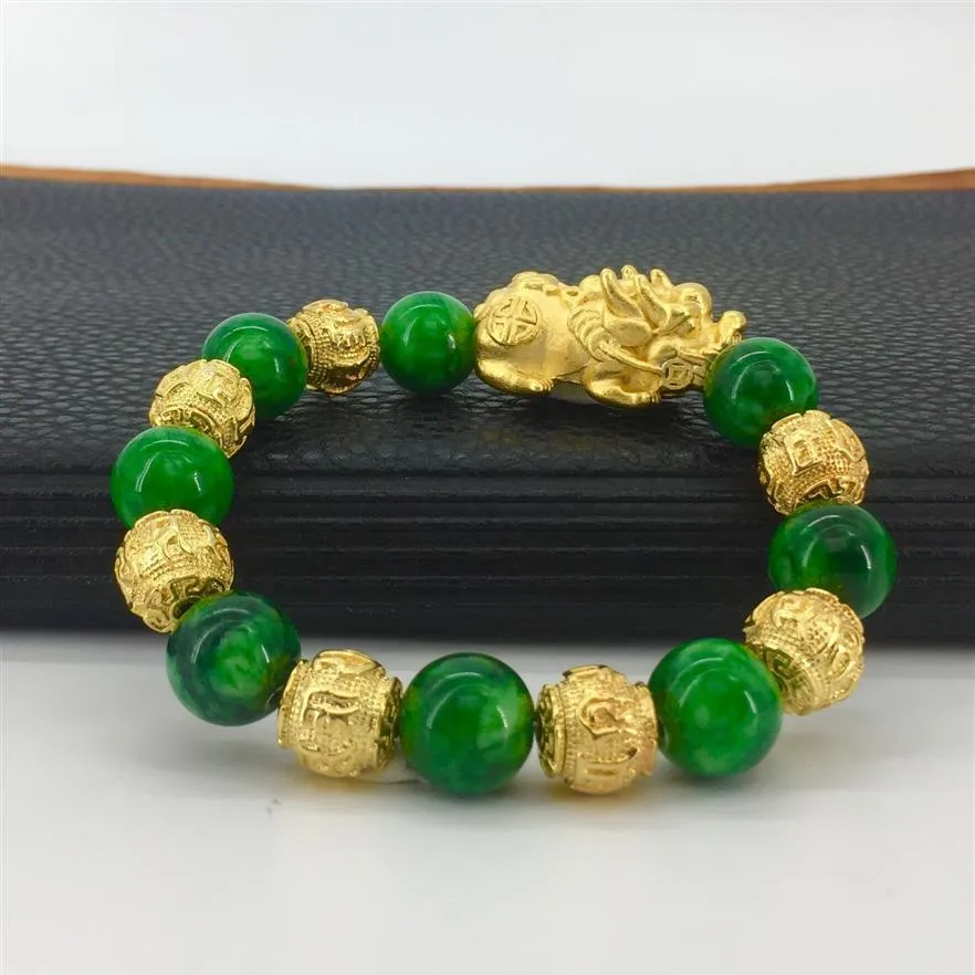 LY01 Vietnamese sand gold plated 24K gold green jade stone sand gold pixiu bracelet272y