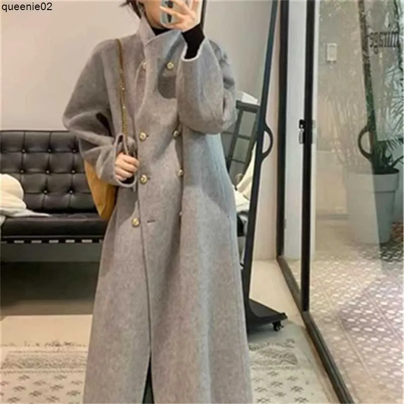 Dameswol Blends Premium Feels Super Beautiful Gray Cashmere Long Double Zided Woollen Coat Autumn and Winter Dikked Aanbeveling Hot Hot Hot