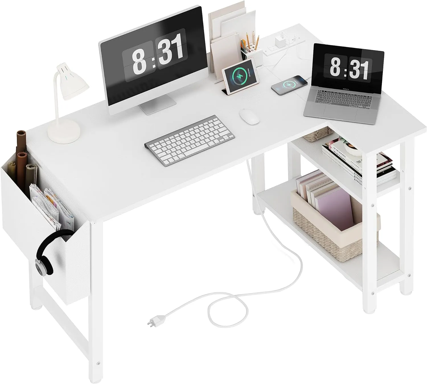 Lufeiya Wit L-vormige computerbureau met power outlet planken, 40 inch klein hoekbureau voor kleine ruimte thuiskantoor, L-vormige bureau-pc-bureaus, wit