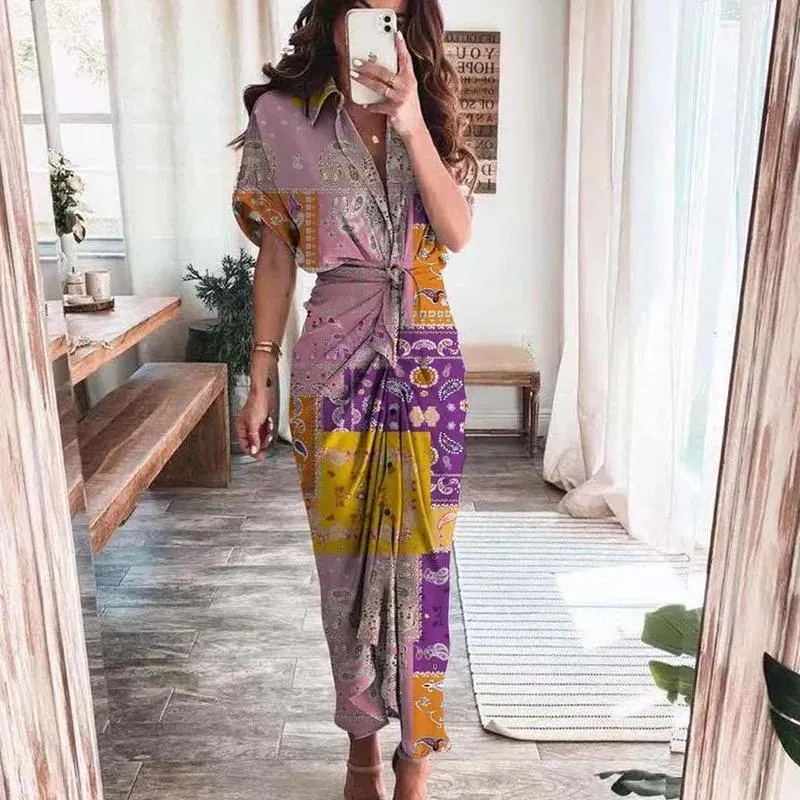 2022ファッションウーマンプラスサイズソリッドVネックビーチマキシ女性サマーエレガントボタンラック包装包帯シャツドレス