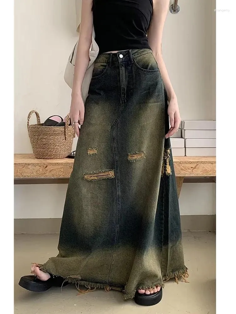 Spódnice S-5xl Vintage Ripped Holes dżinsy wysokiej talii długi maksymalnie matysfakcjonujący linijka luźna dżinsowa spódnica streetwear 2024
