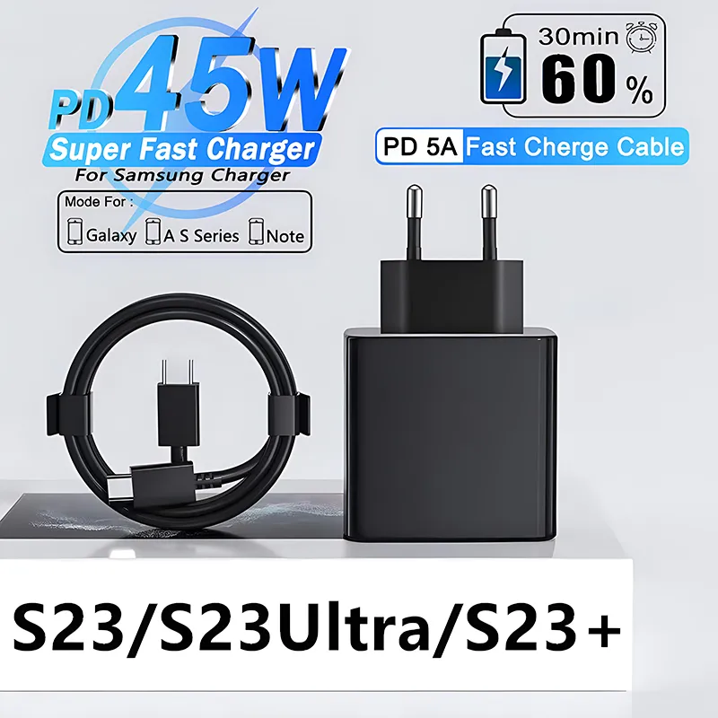 PD 45W supersnabb laddare för Samsung Galaxy S21 S22 S23 Ultra Plus S20 FE USB C Laddare Typ C-kabel Fastladdningstillbehör Väggladdare EU US Power Adapter 5A C-C-kabel