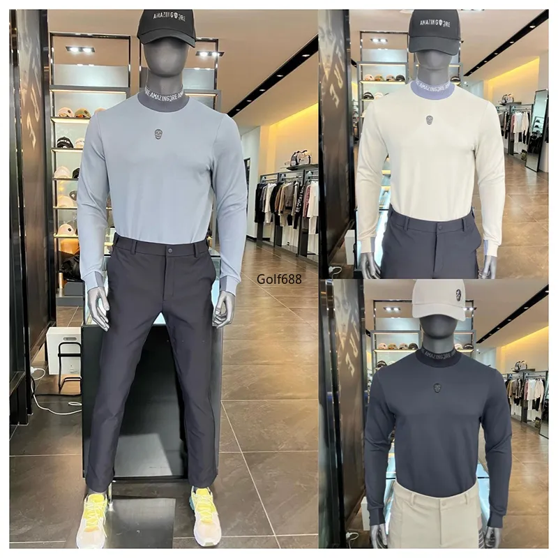 Vår- och höstgolfkläder Mäns nya High Neck Long Sleeve Slim-Fit Top Solid Color Fashion Warm Keeping Sports Base Clothing