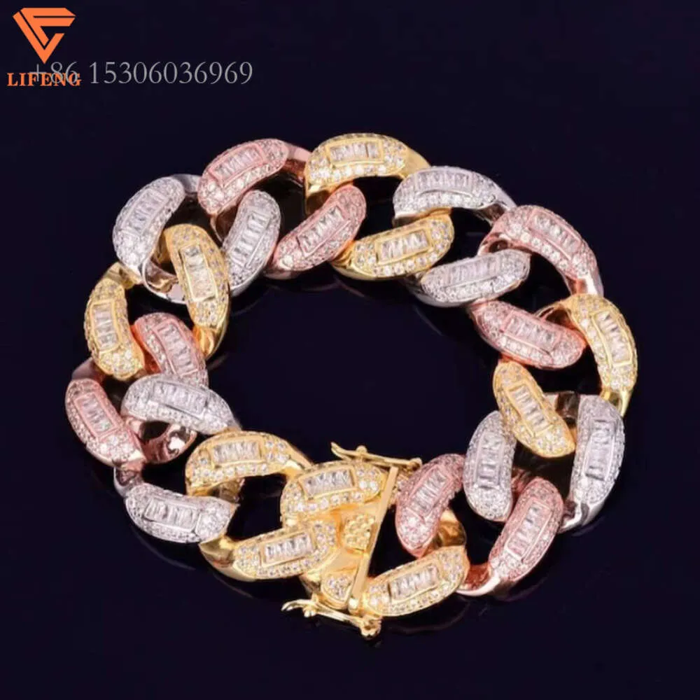 New Dign Fashion Jewelry Iced Out 20Mm Three Tone Plated Cuban Link Chain Baguette VVS Moissanite Bracelets Hiphop For Men