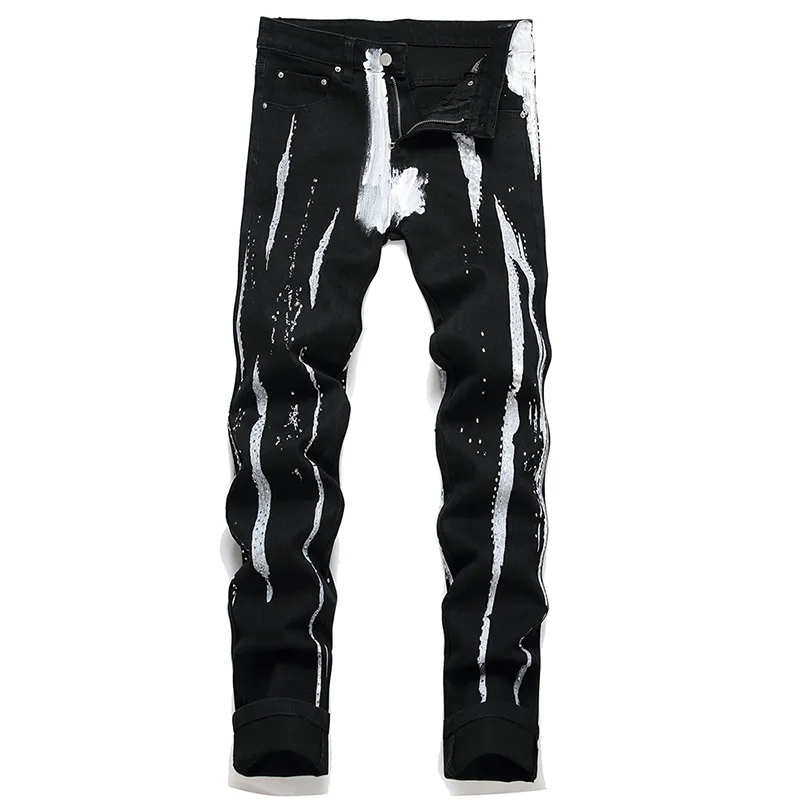 Zwarte verf graffiti rhinting skinny jeans voor mannen mode stretch katoen denim broek lente herfst straatstijl kralen broek