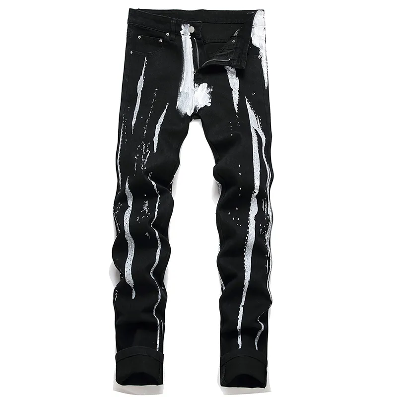 Mens Graffiti Skinny Jeans: Black Paint Design, Stretch Denim