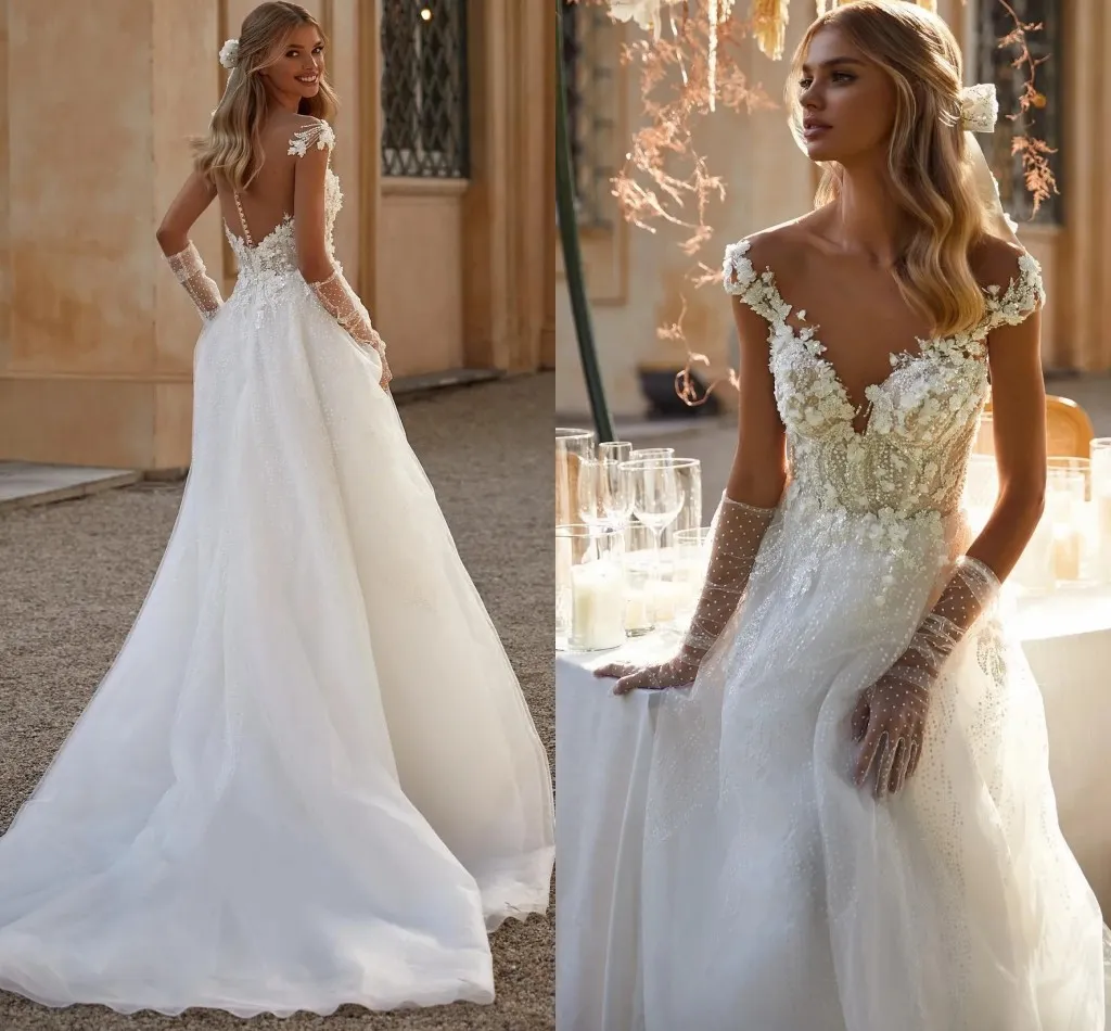 Boho a linea abito da sposa 2024 per la sposa Illusione posteriore a V perle in pizzo fiori da donna abiti da sposa vestido de novi Robe de mariage