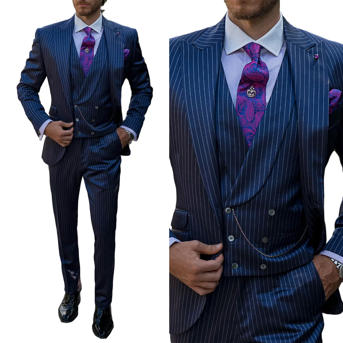 Navy Blue Striped Wedding Suits For Men Slim Fit 3 Pieces Peaked Lapel Groom Tuxedos Jacket Vest Pants